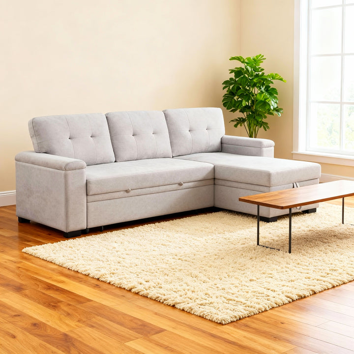 Premium Beige Woven Fabric Reversible Sleeper Sectional with Storage Chaise - Multi-Functional Living Room Furniture Set