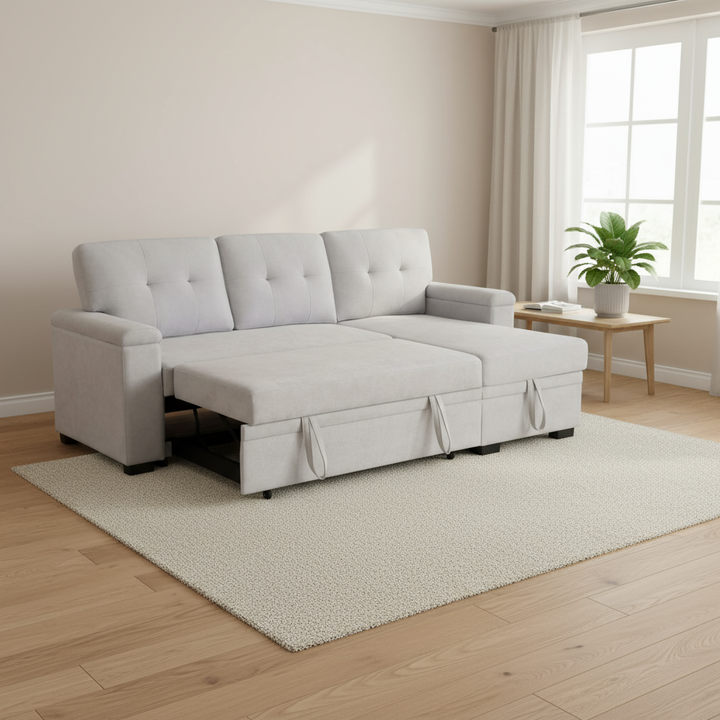 Premium Reversible Sleeper Sectional Sofa with Storage Chaise - Light Gray Woven Fabric Multi-Functional Living Room Furniture