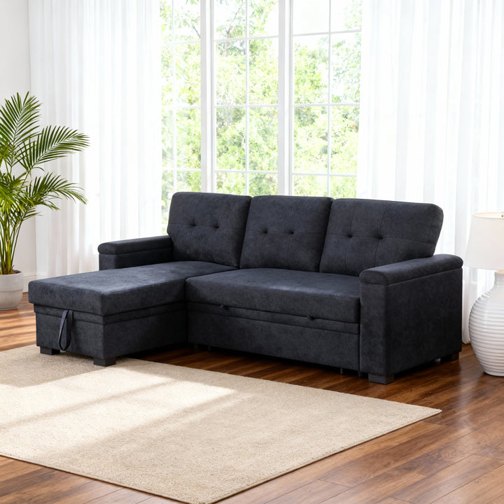 Premium Dark Gray Woven Fabric Reversible Sleeper Sectional with Storage Chaise - Multi-Functional Living Room Furniture