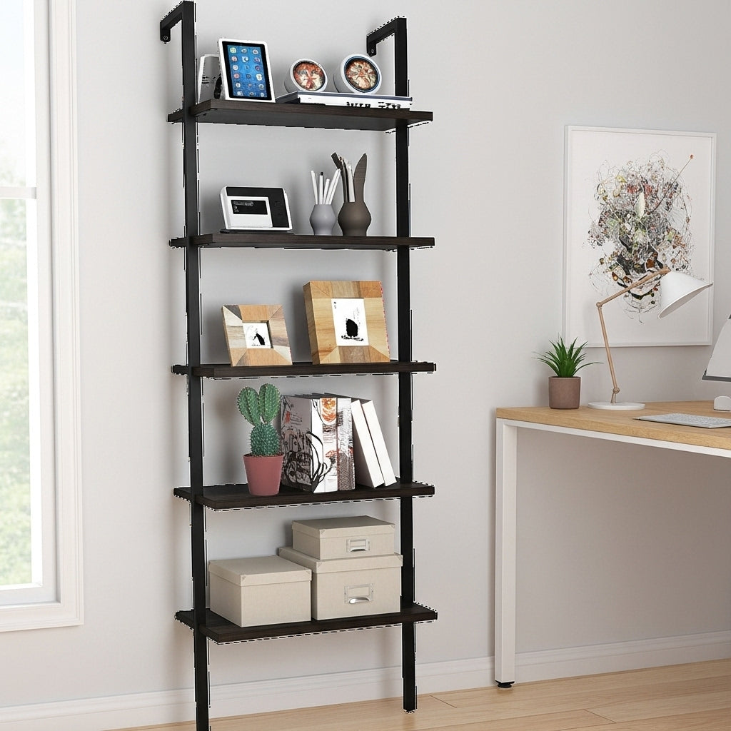 5-Shelf Wood Ladder Bookcase with Metal Frame Industrial 5-Tier Modern Ladder Shelf