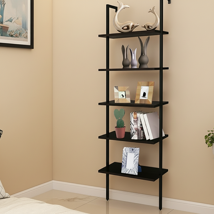 5-Shelf Wood Ladder Bookcase with Metal Frame Industrial 5-Tier Modern Ladder Shelf
