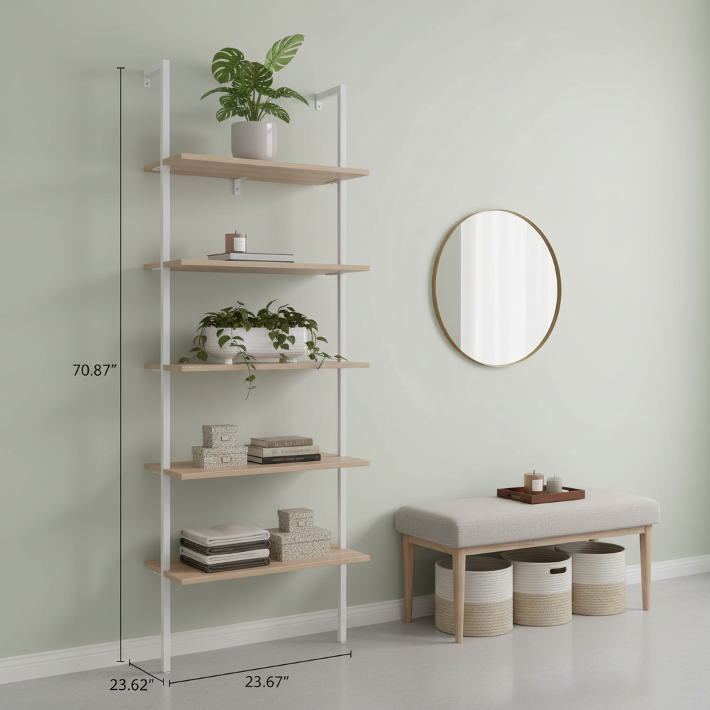 5-Shelf Wood Ladder Bookcase with Metal Frame Industrial 5-Tier Modern Ladder Shelf