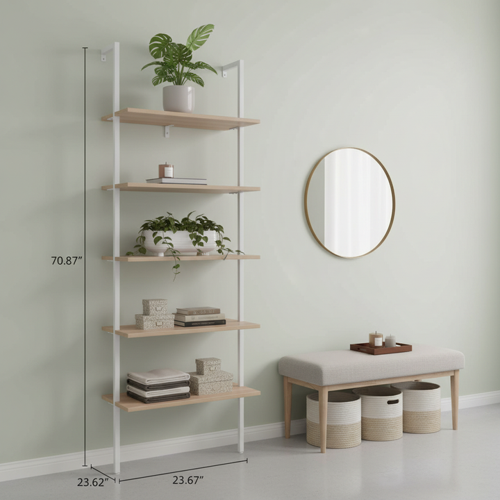 5-Shelf Wood Ladder Bookcase with Metal Frame Industrial 5-Tier Modern Ladder Shelf