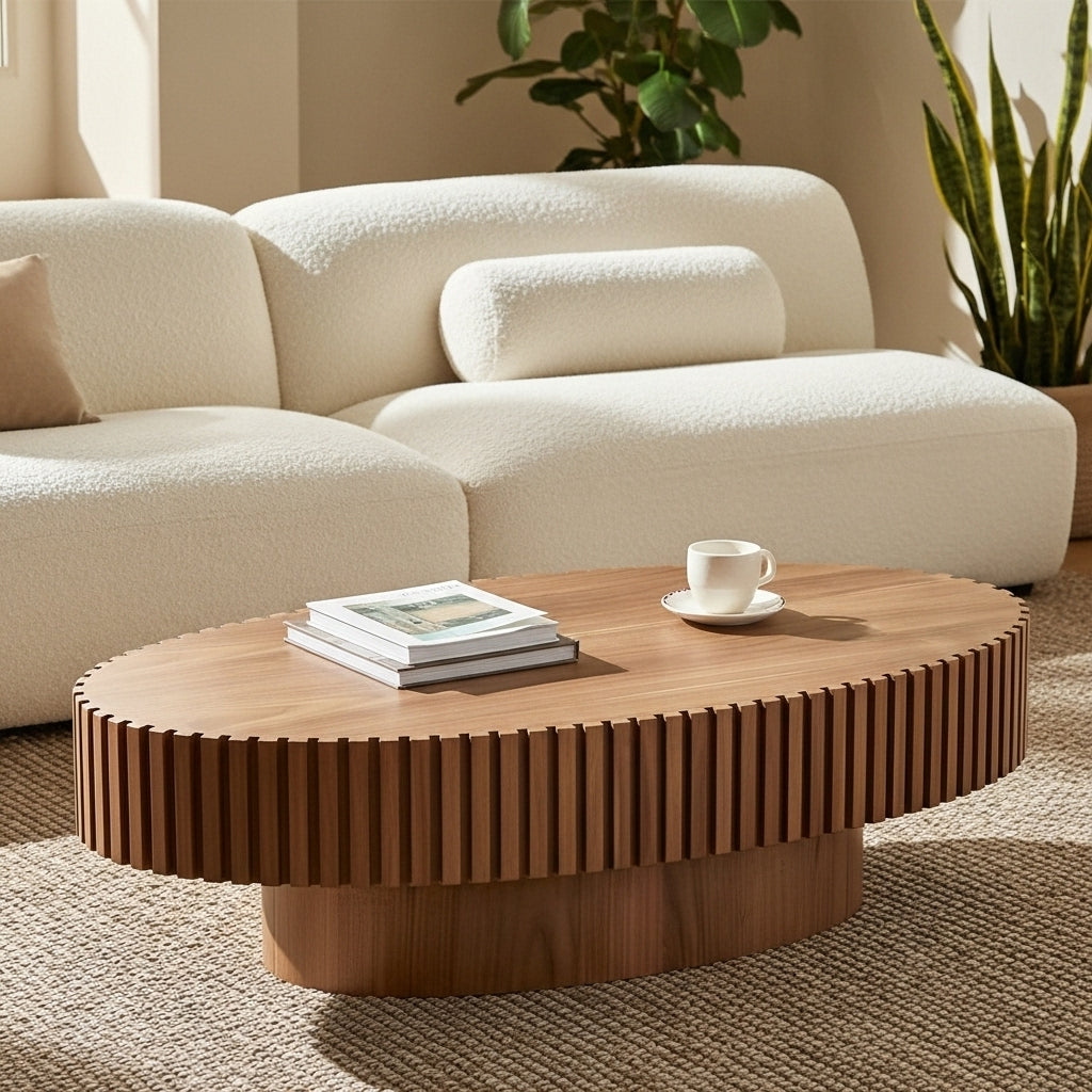 Modern Handcraft Drum Coffee Table Length 43.7 inch Ellipse Coffee Table for Living Room,Oval Small Coffee Table with Sturdy Pedestal