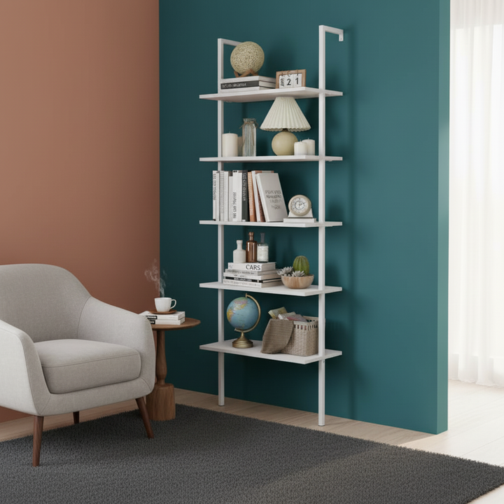 5-Shelf Wood Ladder Bookcase with Metal Frame Industrial 5-Tier Modern Ladder Shelf