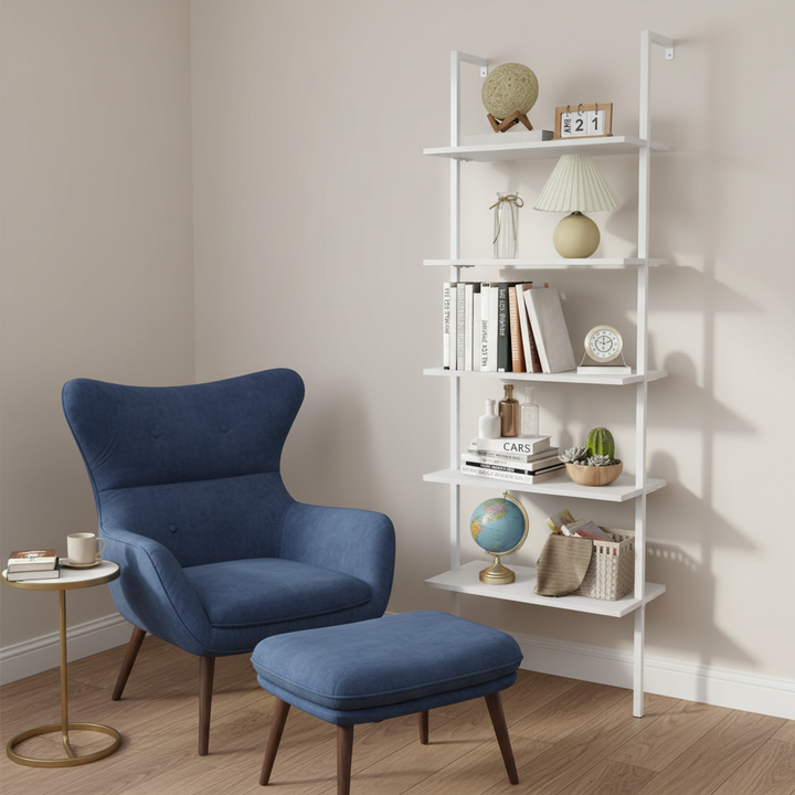 5-Shelf Wood Ladder Bookcase with Metal Frame Industrial 5-Tier Modern Ladder Shelf