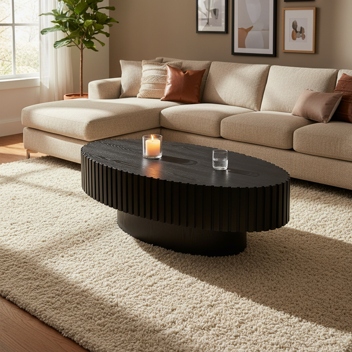Modern Handcraft Drum Coffee Table Length 43.7 inch Ellipse Coffee Table for Living Room,Oval Small Coffee Table with Sturdy Pedestal