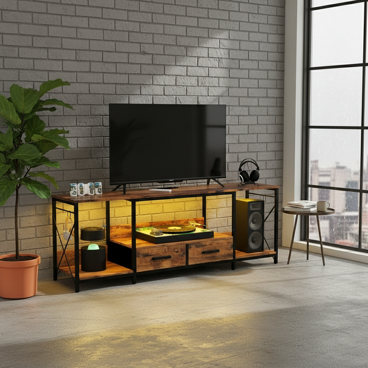 TV Stand with LED Lights Power Outlets - TV Stand with Fabric Drawers for 65 70 75 Inches TV - Entertainment Center and Industrial TV Console Table with Open Storage Shelves for Living Room, Bedroom