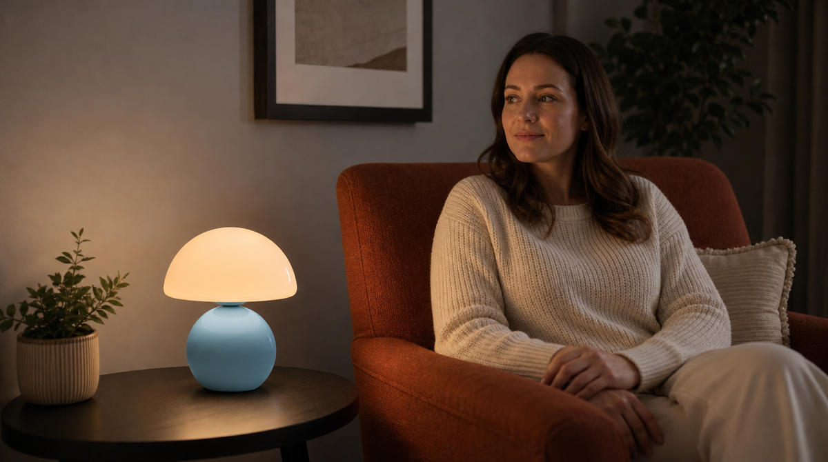 “Blue mushroom lamp illuminating a side table beside a woman seated in an orange armchair.”