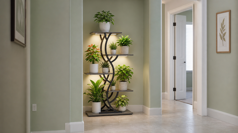 “Gray five-tier plant stand with grow lights holding several pots on wide shelves in a hallway alcove.”