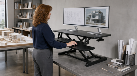 “Woman using a raised dual-monitor desk converter in an architecture workspace with building models and rolled plans.”