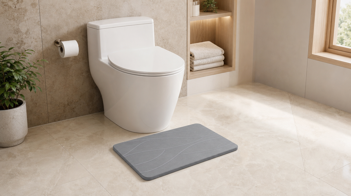 Gray stone bath mat with curved lines positioned on open tile flooring in front of a toilet.