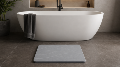 Gray line-pattern stone bath mat centered in front of a freestanding white tub on dark bathroom tile.