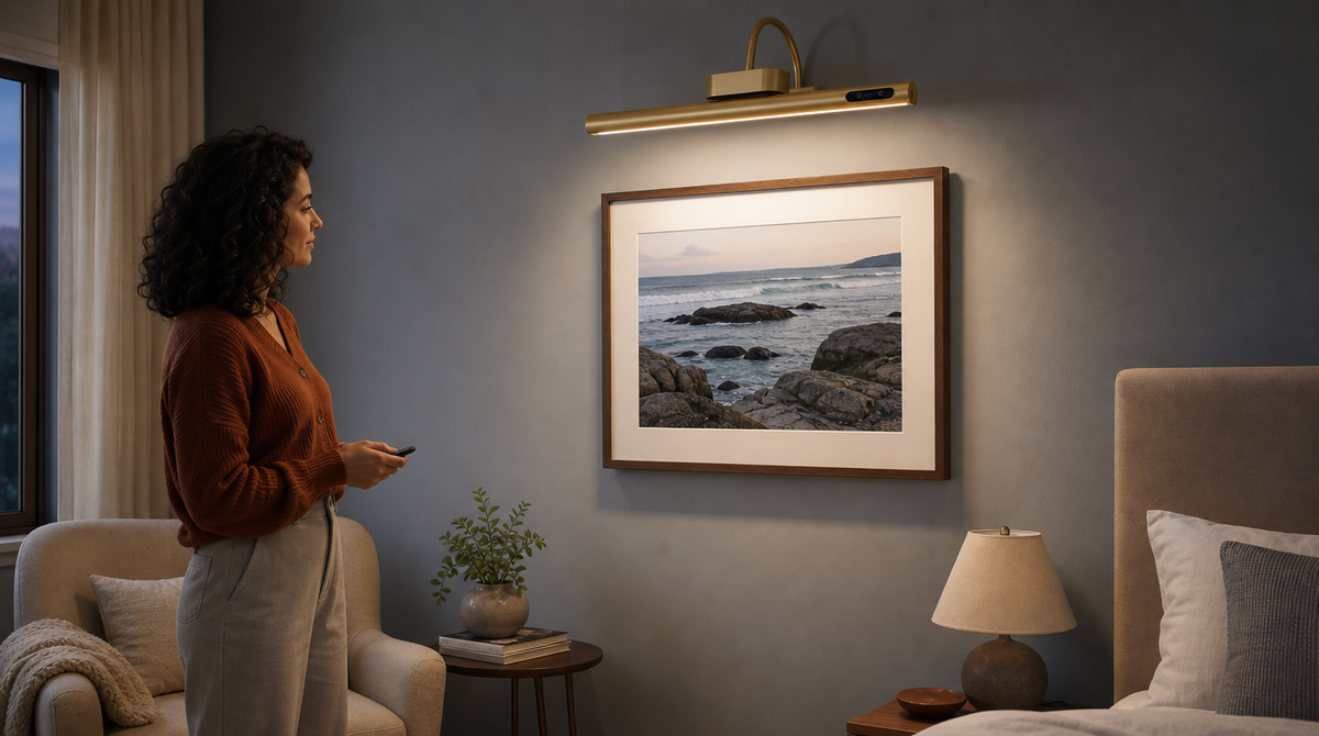 “Gold picture light with a curved arm illuminating a framed coastal photograph as a woman holds its remote in a bedroom.”