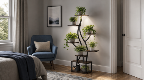“Tall curved plant stand with illuminated shelves and a watering can on its base beside a bedroom reading chair.”
