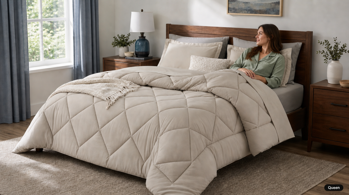 Woman relaxing beneath a beige queen comforter with diamond quilting, matching sheets, and coordinating pillow shams.