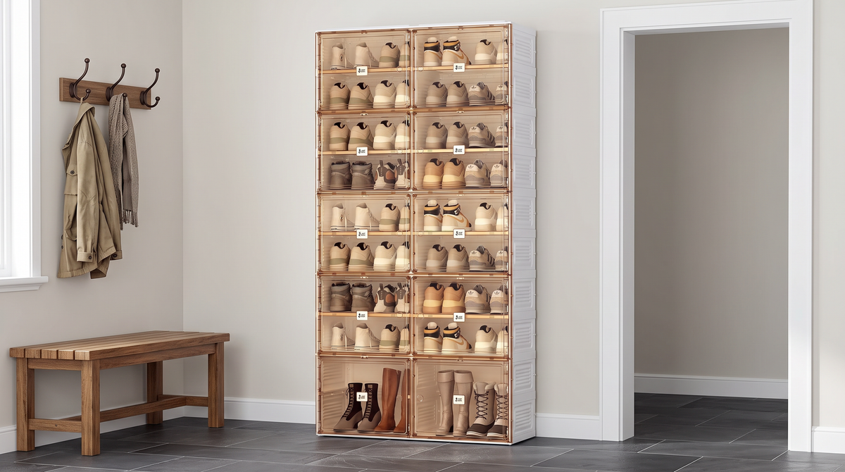 Nine-tier shoe cabinet beside an entryway bench, with sneakers above and tall boots in the larger bottom compartments.