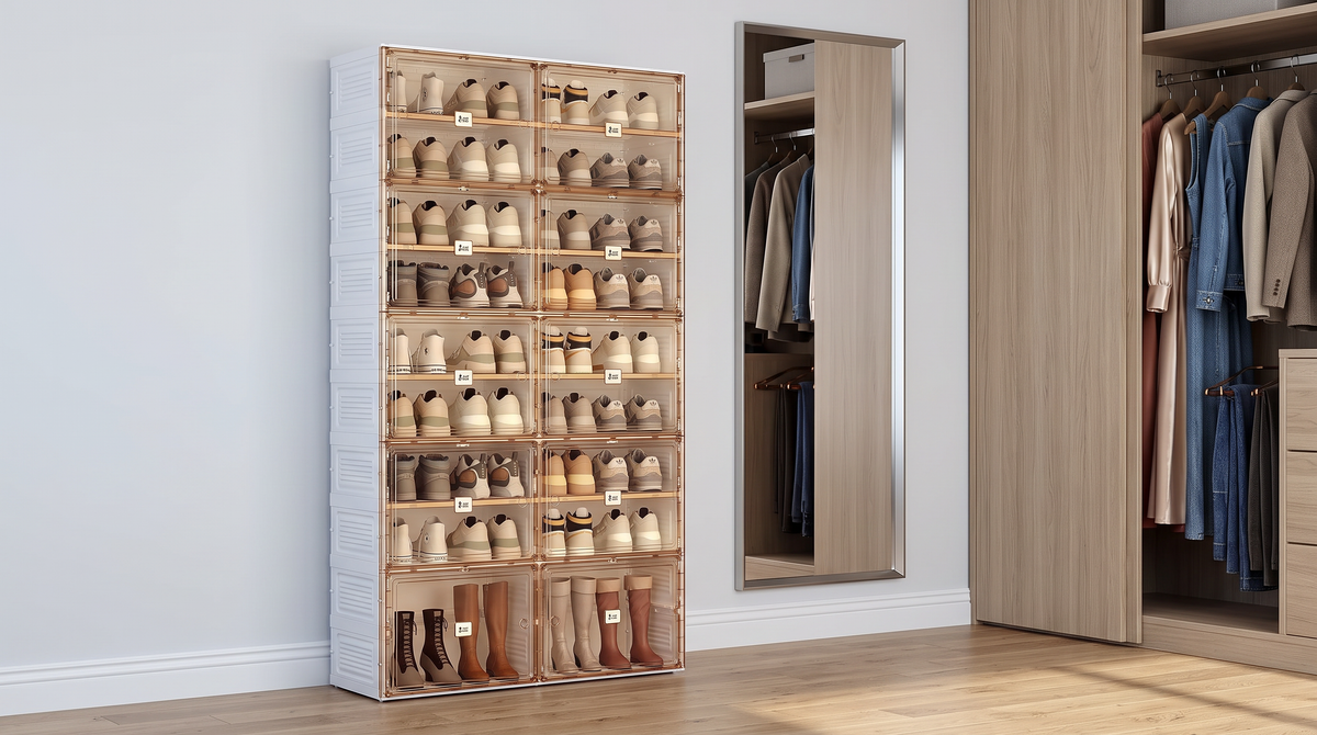 Nine-tier shoe cabinet beside a wood wardrobe and mirror, with tall boots beneath eight rows of sneakers