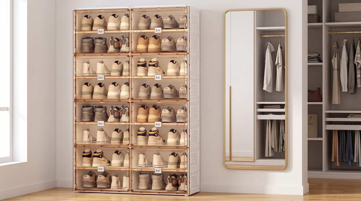 Eight-tier shoe cabinet filled with sneakers beside a full-length mirror and open clothing closet.