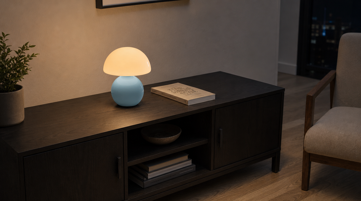 “Blue cordless mushroom lamp beside a book on a low console, with open space around the shade.”