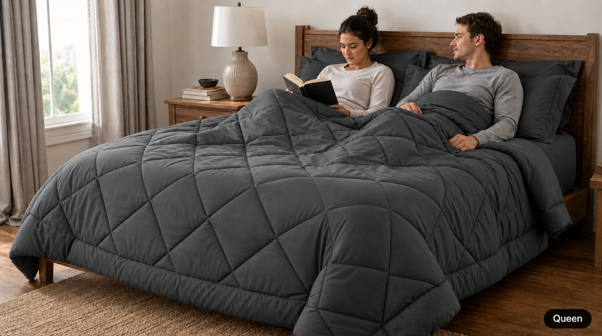 Couple relaxing in bed under a dark gray queen comforter, with diamond quilting and matching pillow coverings.