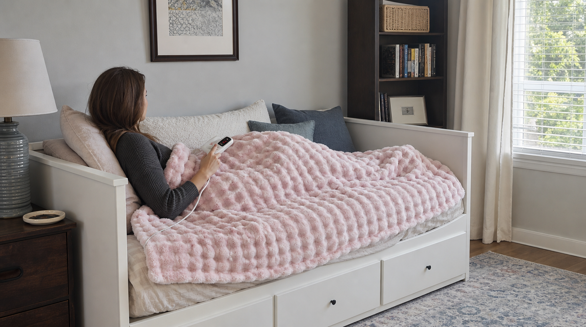 Woman reclining on a white daybed beneath a pink faux fur heated blanket, holding the wired controller.