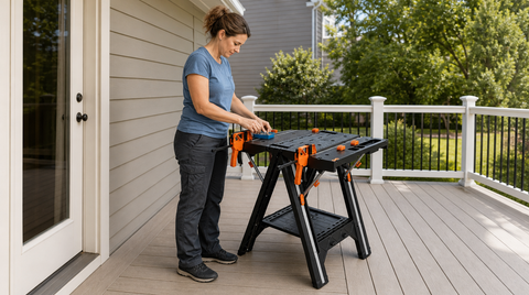 “Woman working at a black folding workbench with orange clamps on an outdoor deck beside the house.”