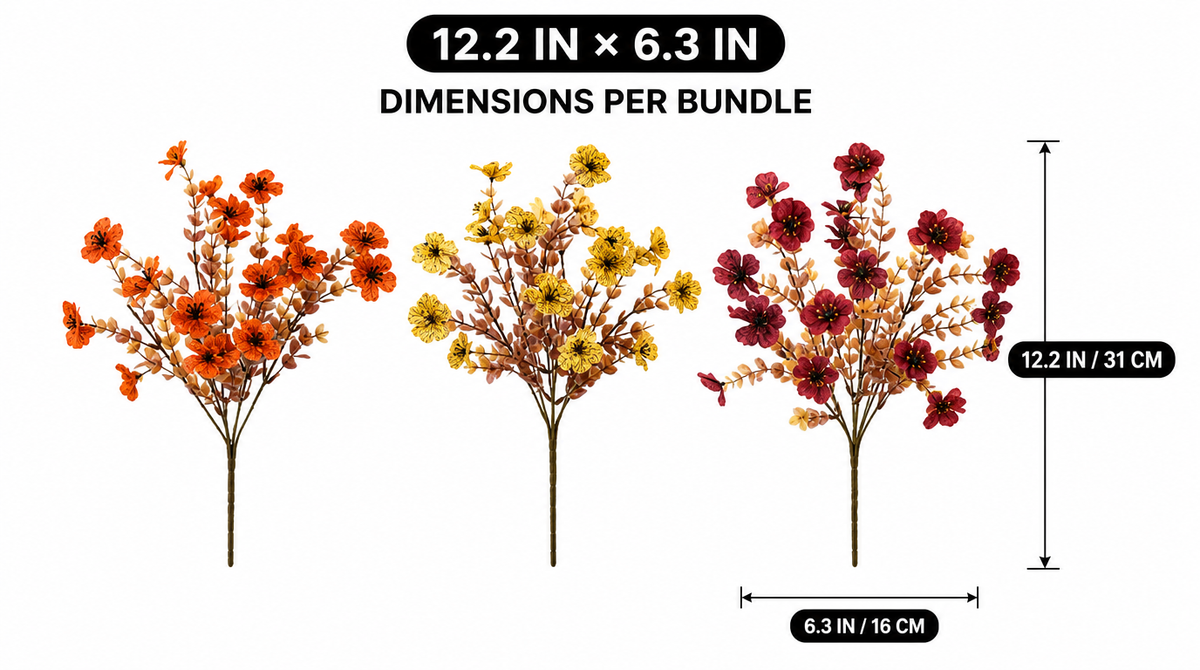 Orange, yellow, and burgundy artificial daisy bundles, each labeled 12.2 inches tall by 6.3 inches wide.
