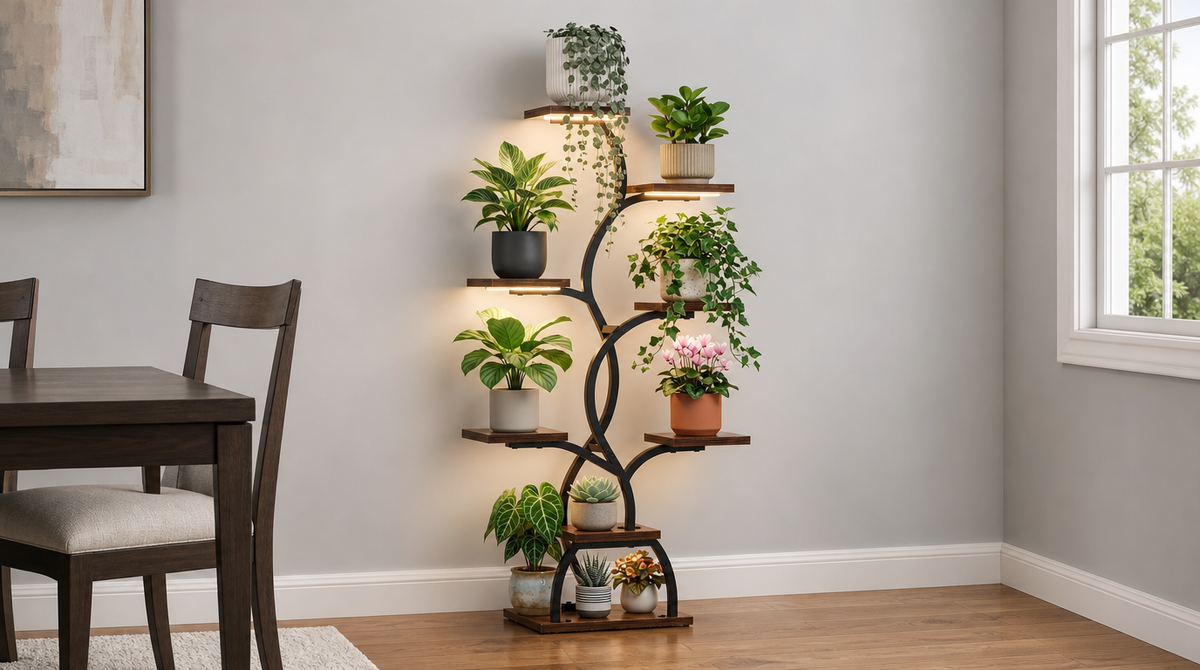 “Vine-shaped plant stand with grow lights displaying trailing plants, flowers, and succulents beside a dining table.”