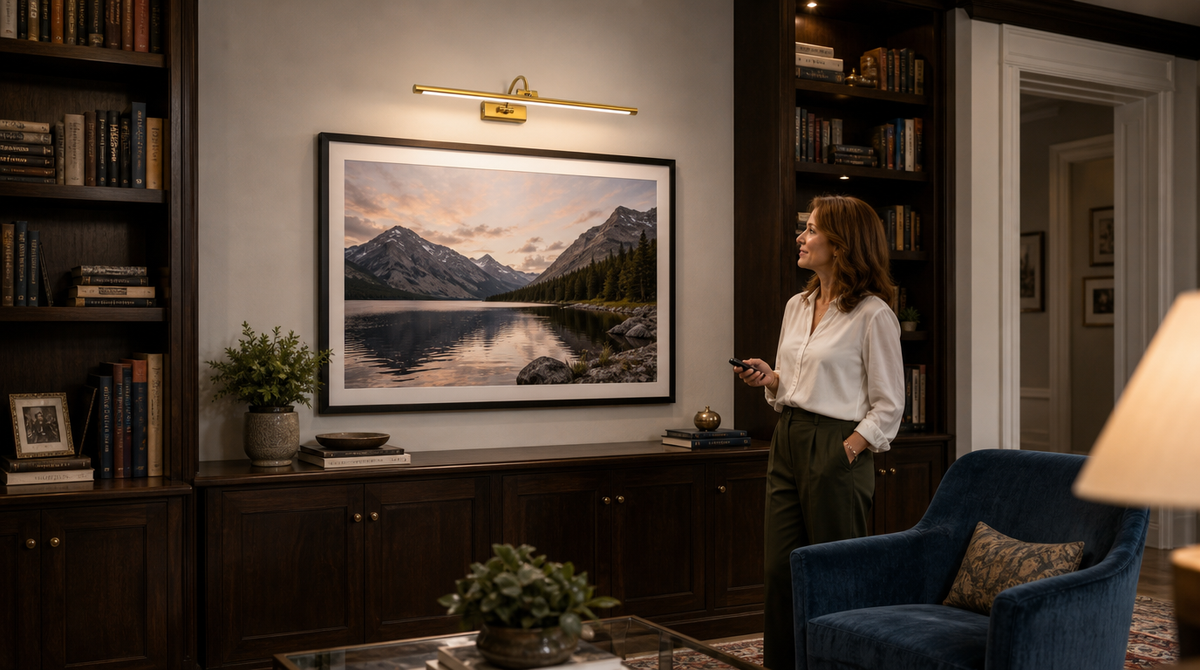 “Long gold picture light above a mountain-lake photograph between built-in bookcases, with a woman holding its remote.”