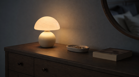 “Marble cream mushroom lamp with a softly veined shade on a dresser beside a jewelry tray and book.”