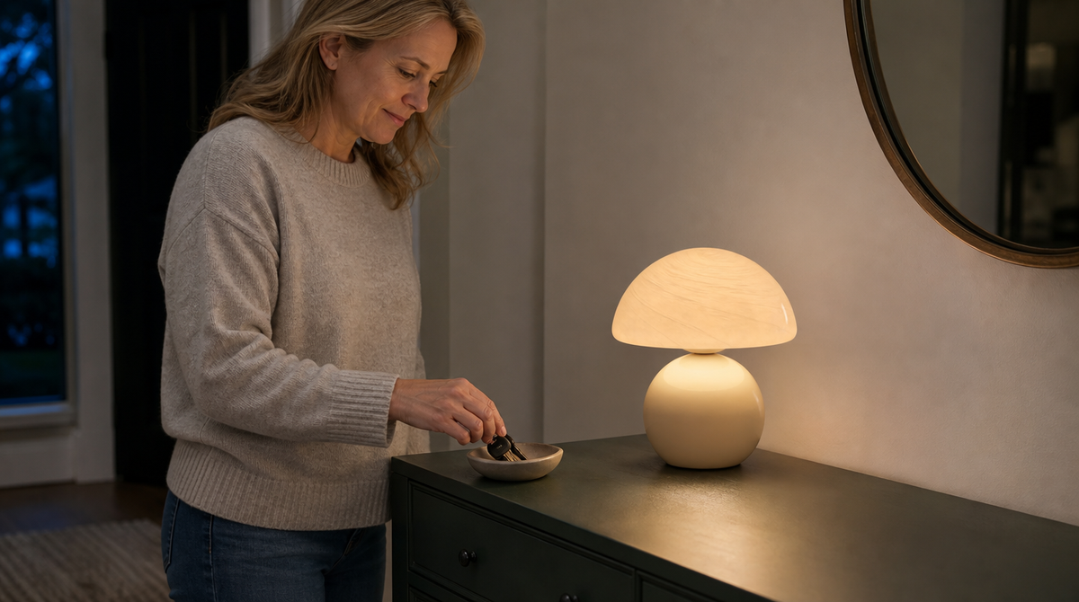 “Marble cream mushroom lamp glowing on an entryway console as a woman places keys in a dish.”