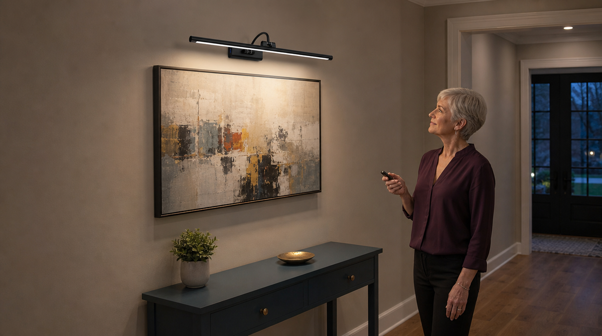 “Woman holding a remote beside a black picture light illuminating abstract artwork above an entryway console.”