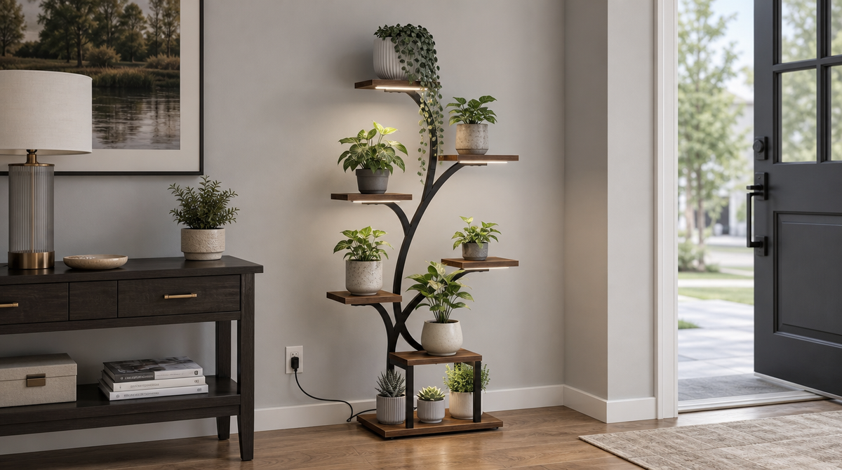 “Tree-shaped plant stand with grow lights displaying potted greenery between an entryway console and front door.”
