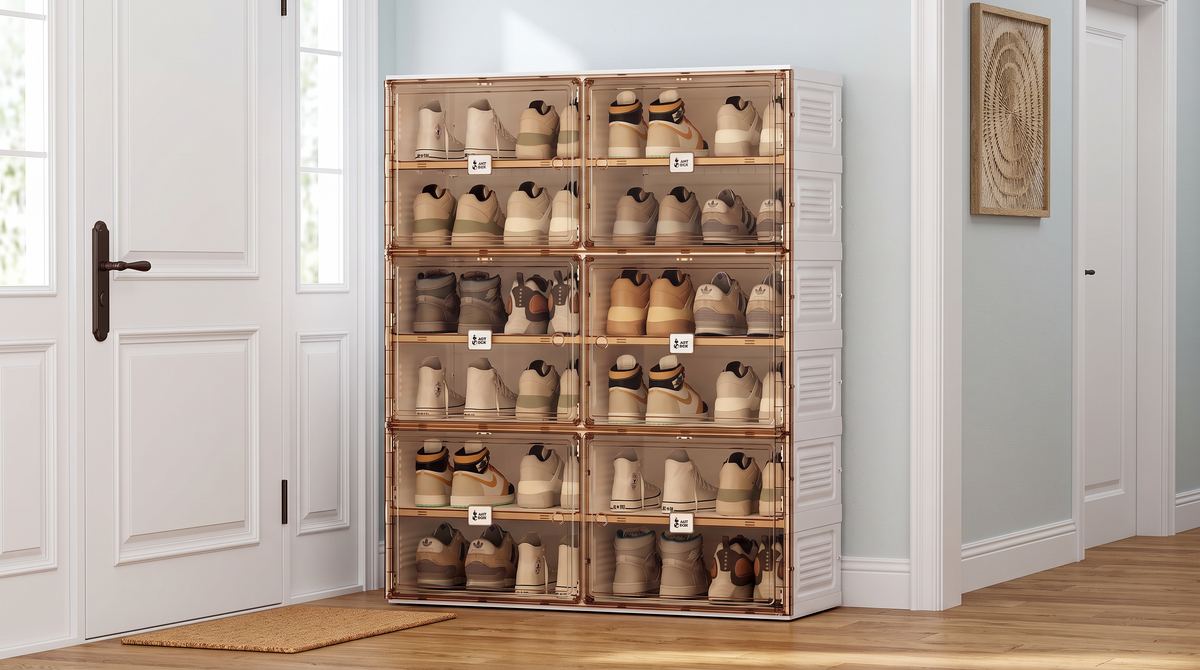 Six-tier shoe cabinet positioned between a white front door and hallway opening, with shoes visible through tinted doors