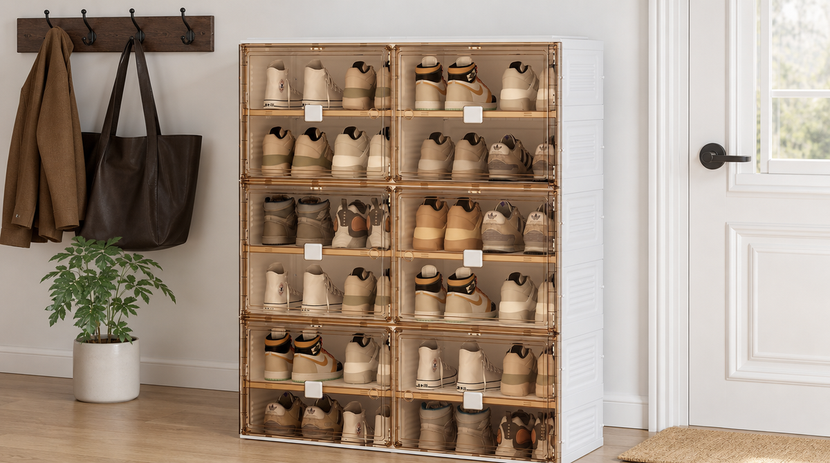 Six-tier foldable shoe cabinet with brown-tinted clear doors storing sneakers beside an entry door and coat hooks