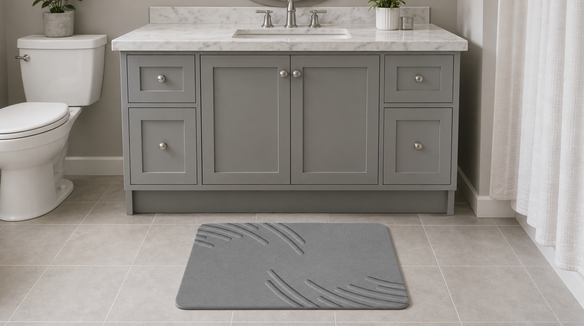 Gray stone bath mat with feather-like grooves at opposite corners on tile beneath a gray bathroom vanity.
