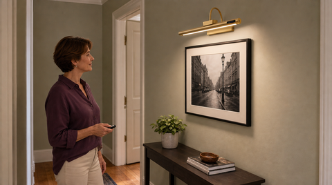 “Gold curved-arm picture light illuminating a framed street photograph above a narrow hallway console.”