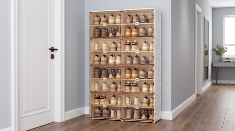 Eight-tier foldable shoe cabinet against a gray hallway wall, with its shallow side profile visible beside a doorway