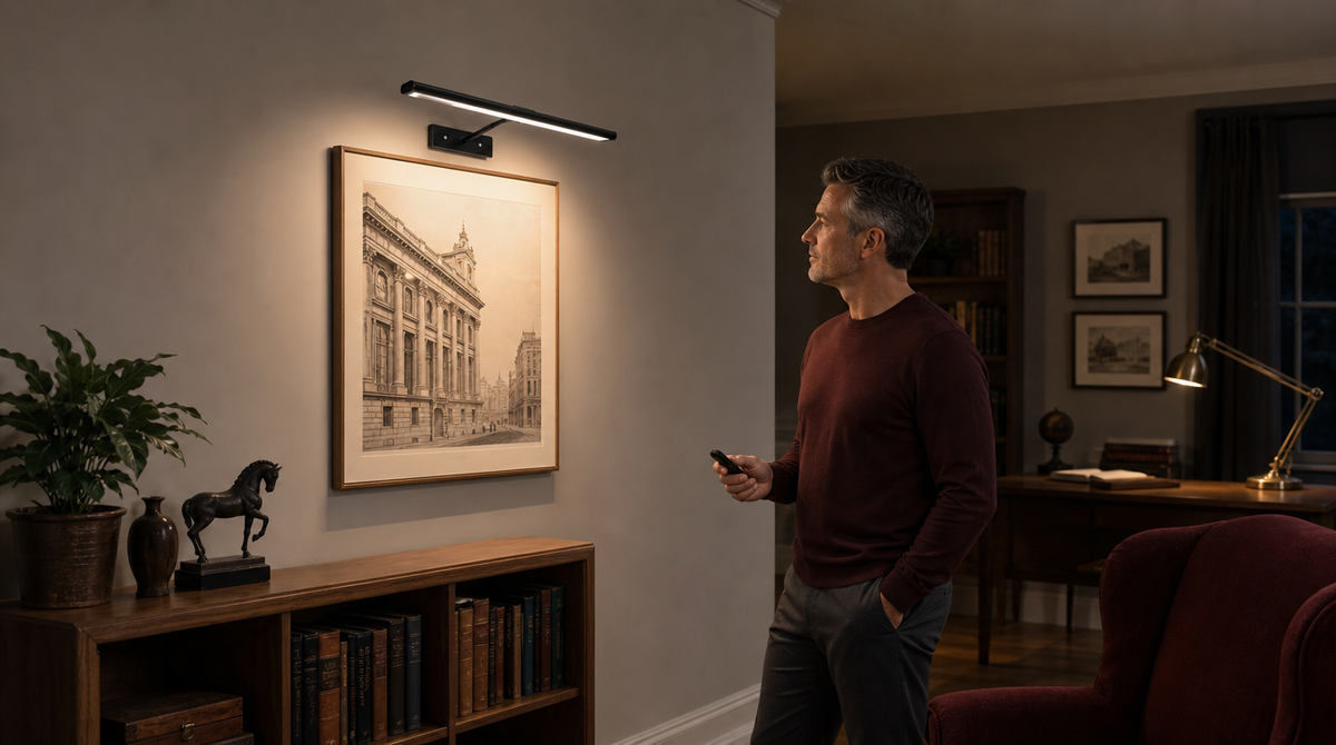 “Man holding a remote beside a black picture light illuminating an architectural print above a bookcase in a home office.”