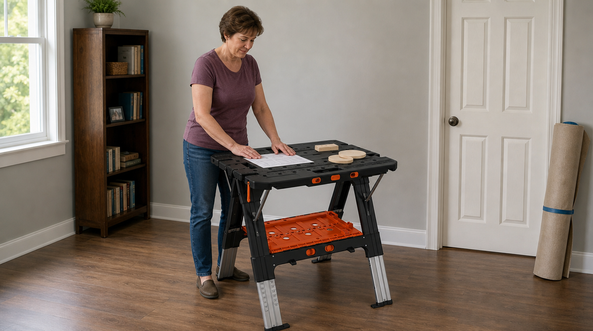 “Woman reviewing project plans beside wooden cutouts on a folding workbench set up in a spare room.”
