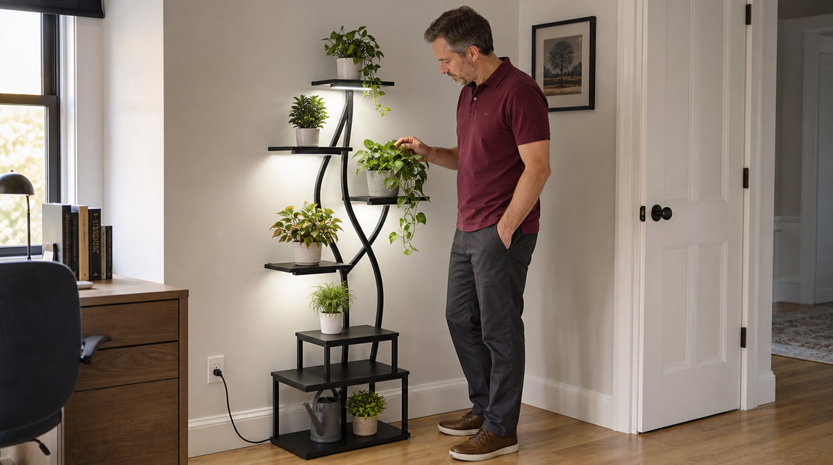 “Man tending plants on a black curved plant stand with grow lights beside a home office desk.”
