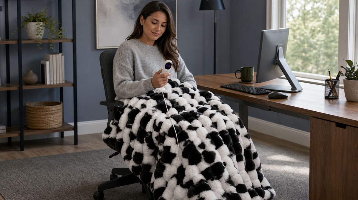 Woman at a home office desk with a black-and-white cow-print heated blanket over her lap, holding its controller