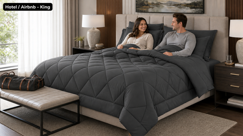 Dark gray king comforter set on an upholstered bed in a hotel-style room, with a couple reclining against matching shams.
