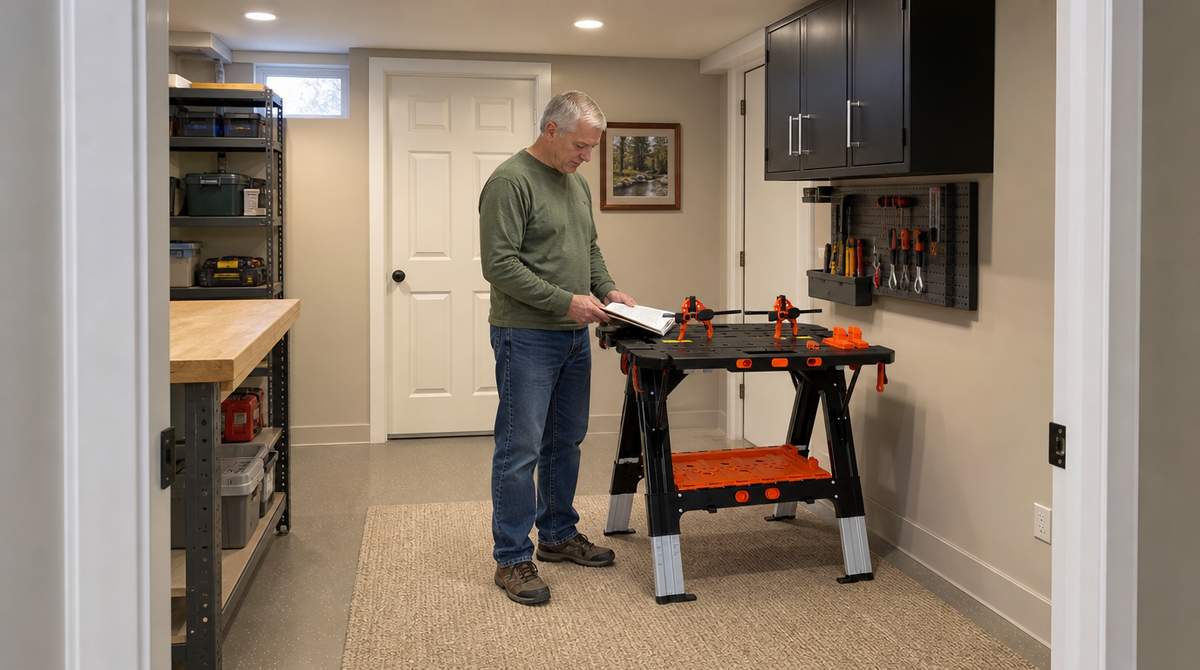“Man reviewing an open booklet beside a portable folding workbench in a compact workshop with wall-mounted tools.”