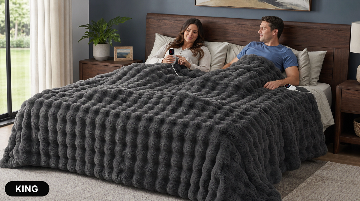 Couple in bed beneath a dark gray king-size faux fur heated blanket, with two wired controllers visible.