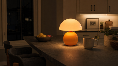 “Orange cordless mushroom lamp on a kitchen island beside a mug, fruit bowl, and potted plant.”