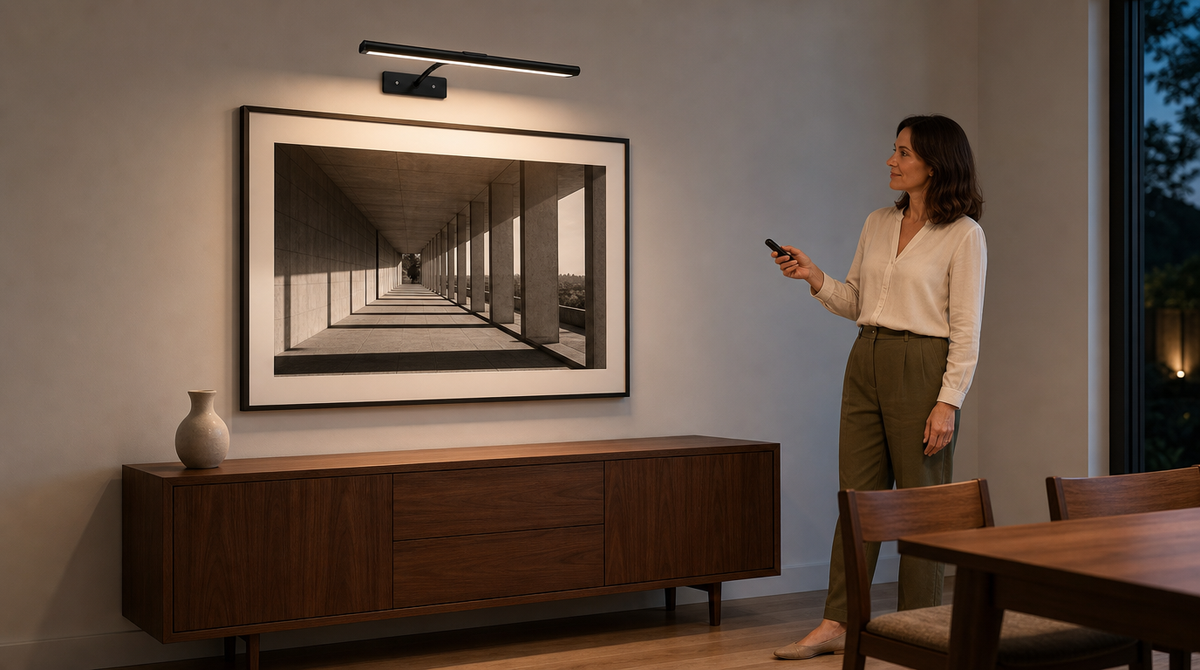 “Black picture light centered above a wide architectural photograph over a dining-room sideboard; a woman holds the remote.”
