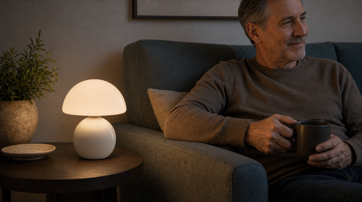 “White mushroom lamp glowing on a round side table beside a man relaxing on a sofa with a mug.”