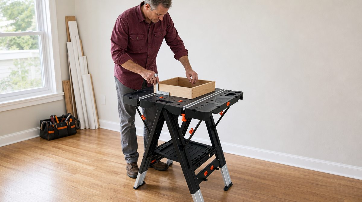 “Man checking a wooden box corner with a square on a folding workbench beside a window.”